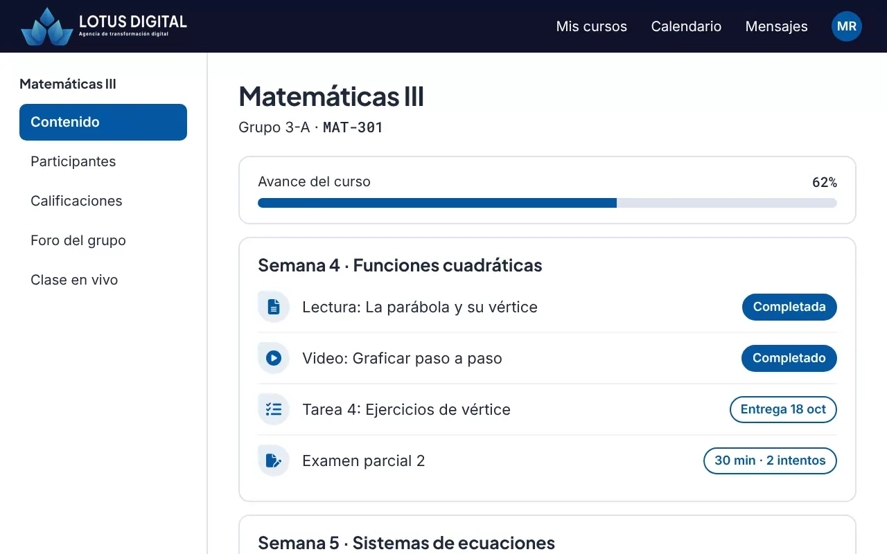 Plataforma académica en línea para escuelas | Lotus Digital