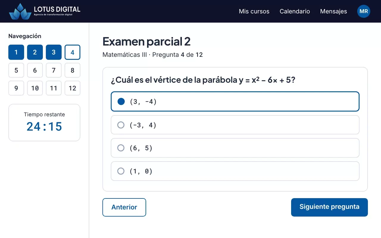 Examen en línea: Reactivos con límite de tiempo y calificación automática.